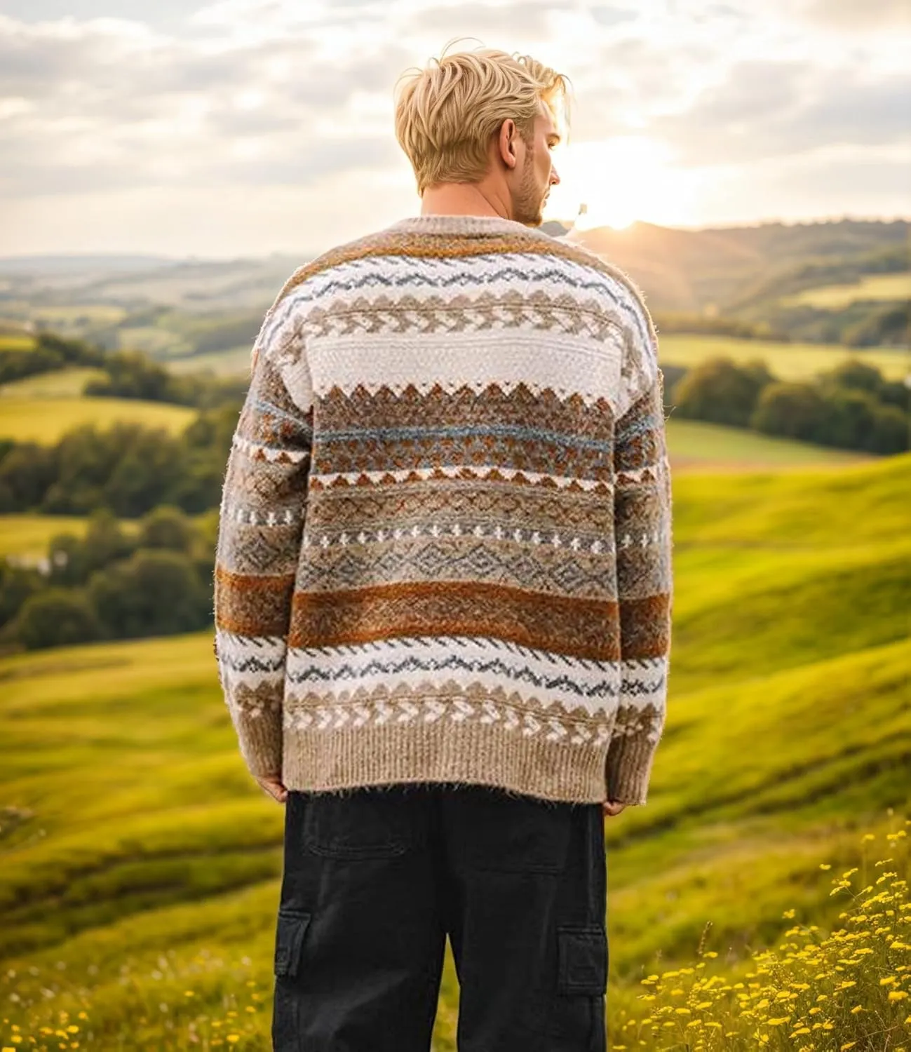 Mens Grandpa Sweater Vintage Aesthetic Knit Striped Casual Long Sleeve Pullovers Y2k Grunge Streetwear
