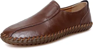 Men's Leather Hand-Sewn Flats Loafers, Comfortable Round Toe Flat Bottom Non-Slip Slip-On Driving Shoes Light Moccasin Flats Boat Shoes