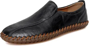 Men's Leather Hand-Sewn Flats Loafers, Comfortable Round Toe Flat Bottom Non-Slip Slip-On Driving Shoes Light Moccasin Flats Boat Shoes