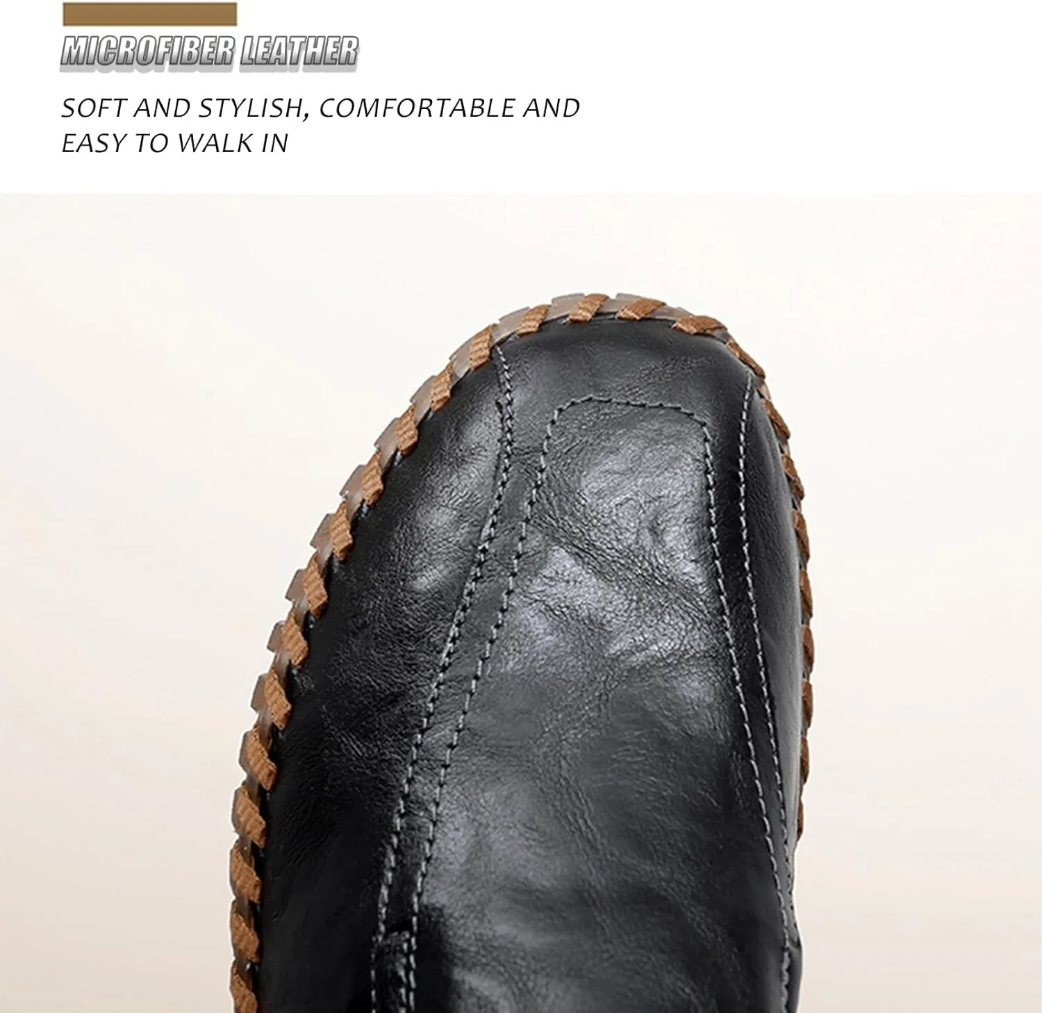 Men's Leather Hand-Sewn Flats Loafers, Comfortable Round Toe Flat Bottom Non-Slip Slip-On Driving Shoes Light Moccasin Flats Boat Shoes