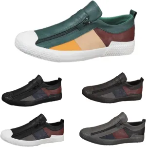 Men's Leather Slip-On Zip-On Sneakers?Comfortable and Breathable Walking Leather Flats?Fashionable All-Match Casual Shoes.