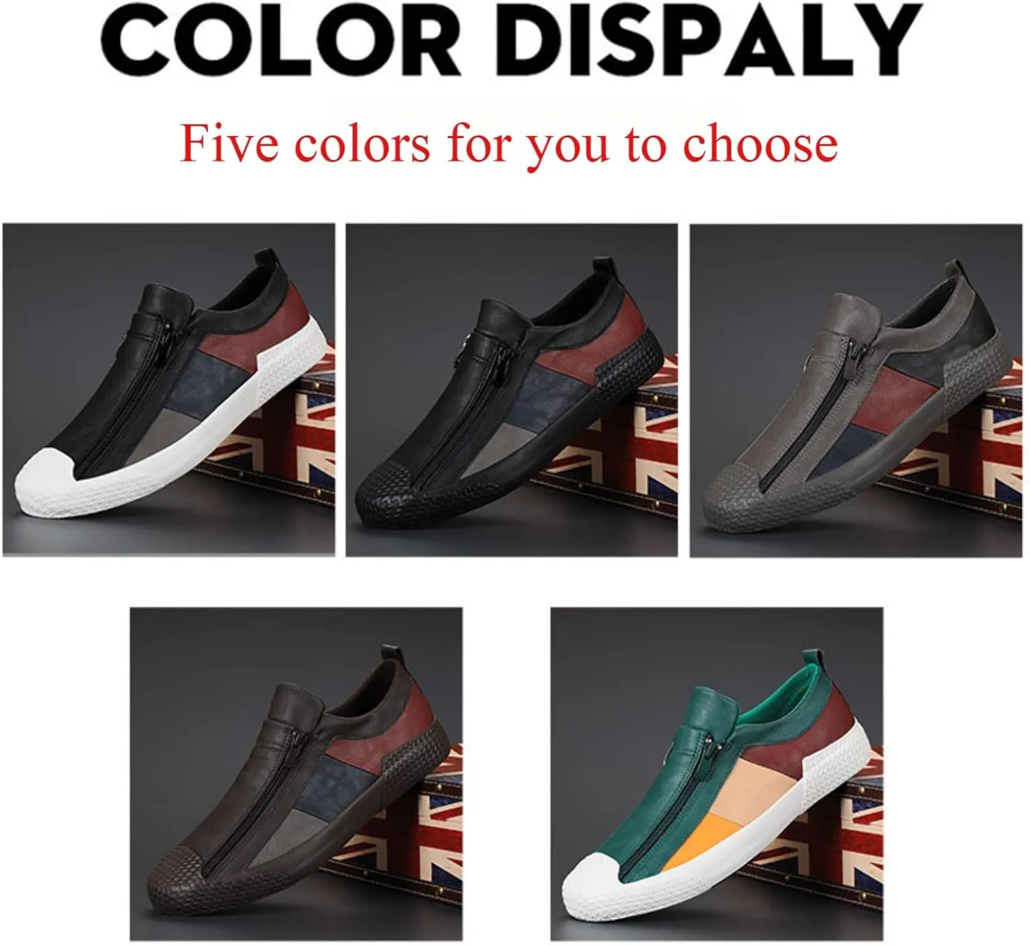 Men's Leather Slip-On Zip-On Sneakers?Comfortable and Breathable Walking Leather Flats?Fashionable All-Match Casual Shoes.
