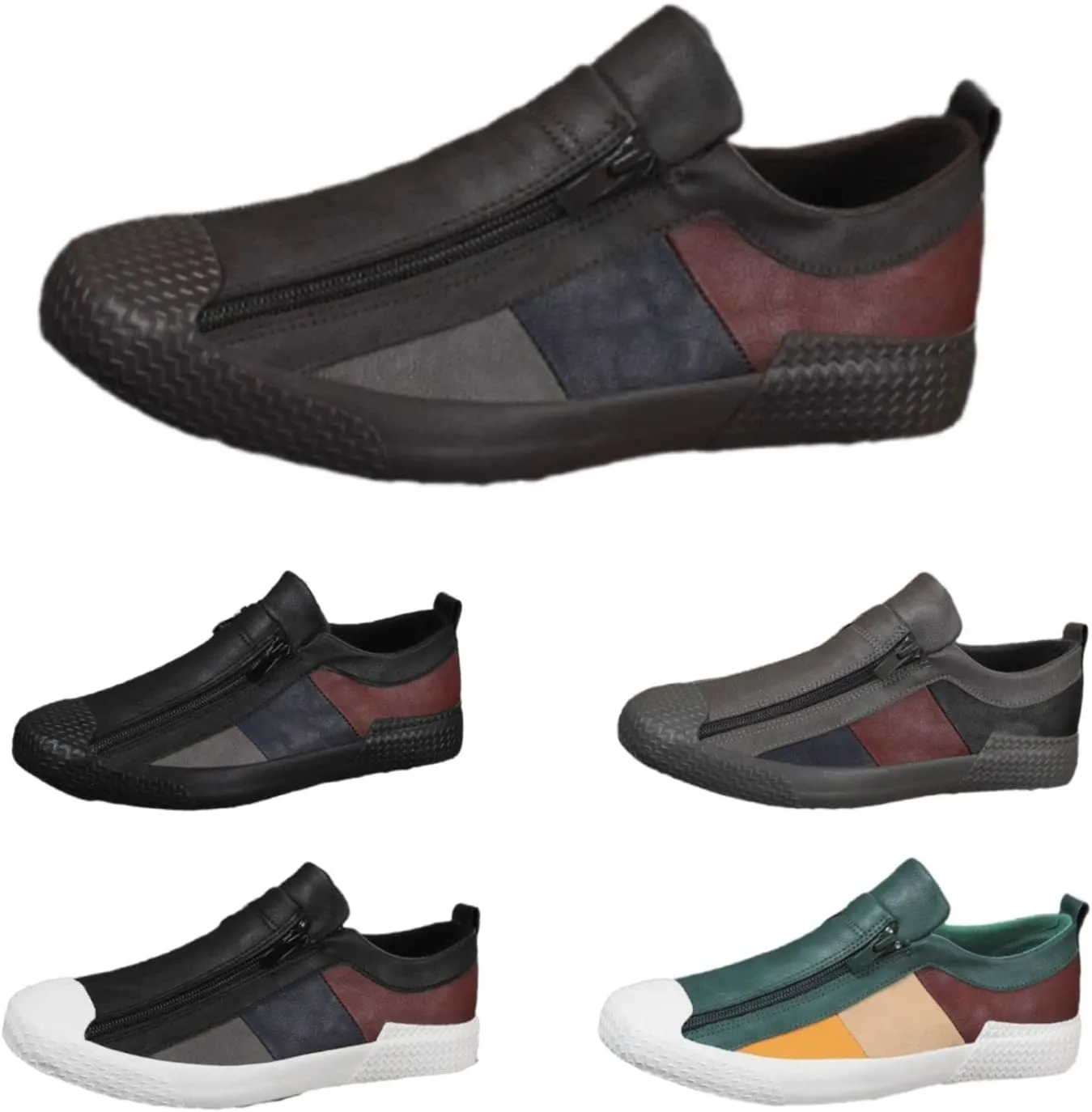 Men's Leather Slip-On Zip-On Sneakers?Comfortable and Breathable Walking Leather Flats?Fashionable All-Match Casual Shoes.