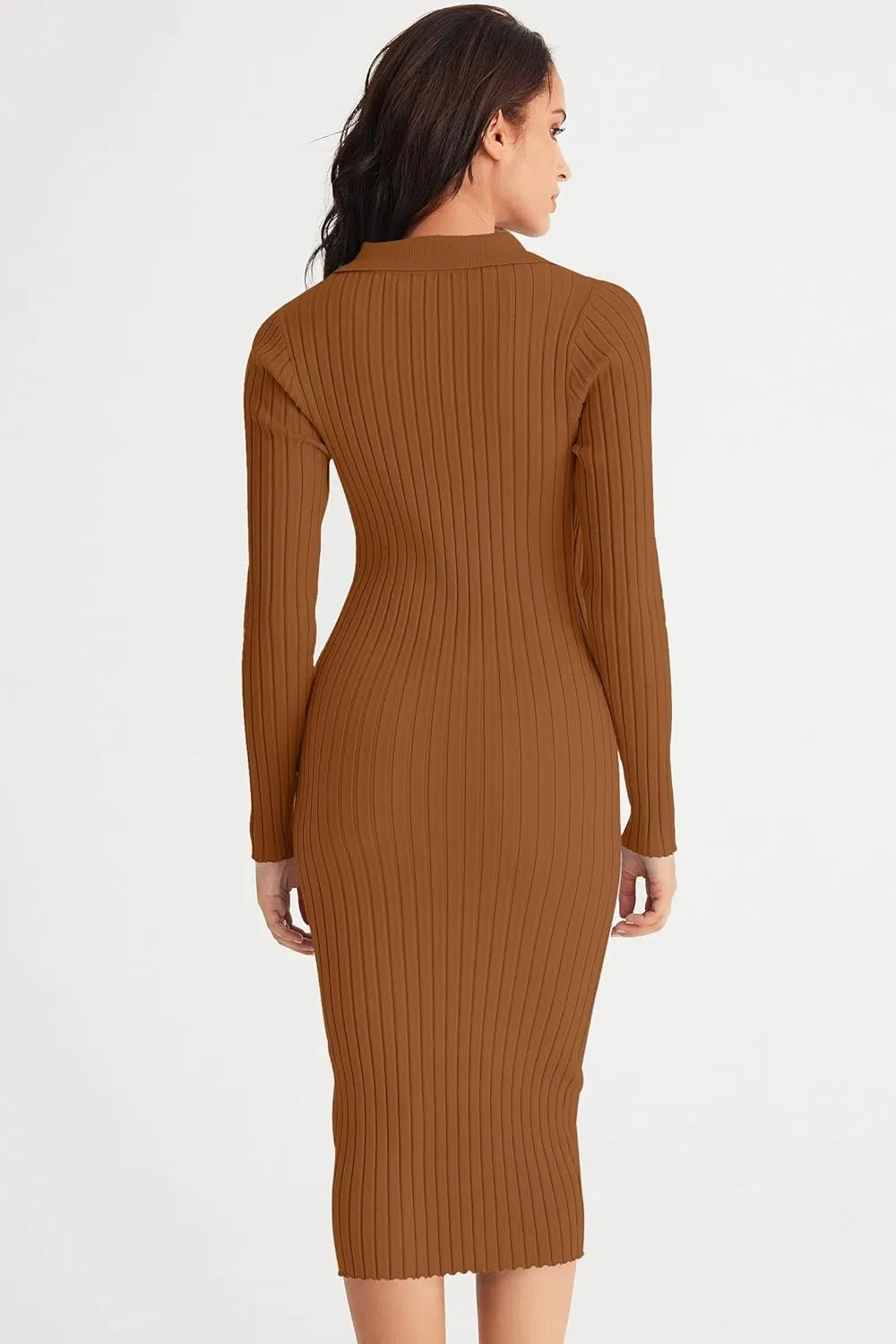 MEROKEETY Womens 2024 V Neck Ribbed Sweater Dress Long Sleeve Bodycon Knit Midi Dresses