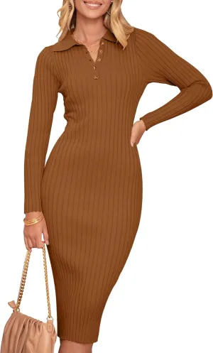 MEROKEETY Womens 2024 V Neck Ribbed Sweater Dress Long Sleeve Bodycon Knit Midi Dresses