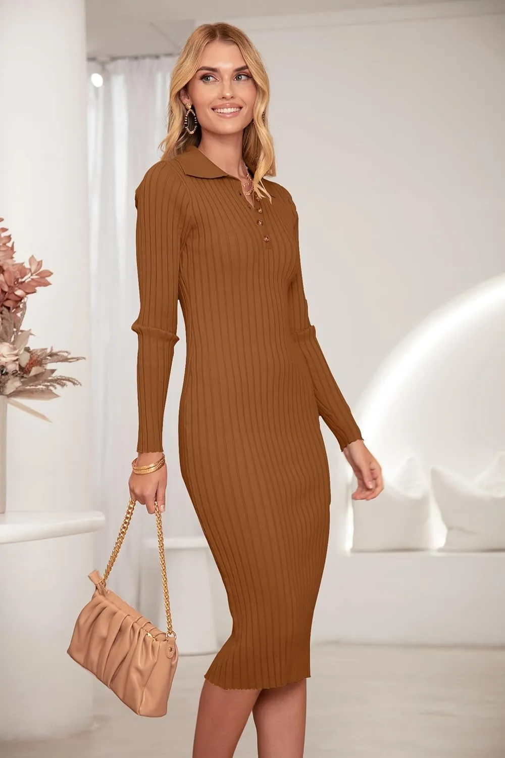 MEROKEETY Womens 2024 V Neck Ribbed Sweater Dress Long Sleeve Bodycon Knit Midi Dresses