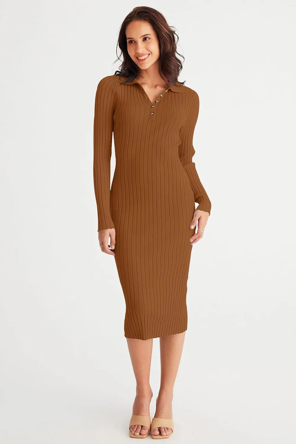 MEROKEETY Womens 2024 V Neck Ribbed Sweater Dress Long Sleeve Bodycon Knit Midi Dresses