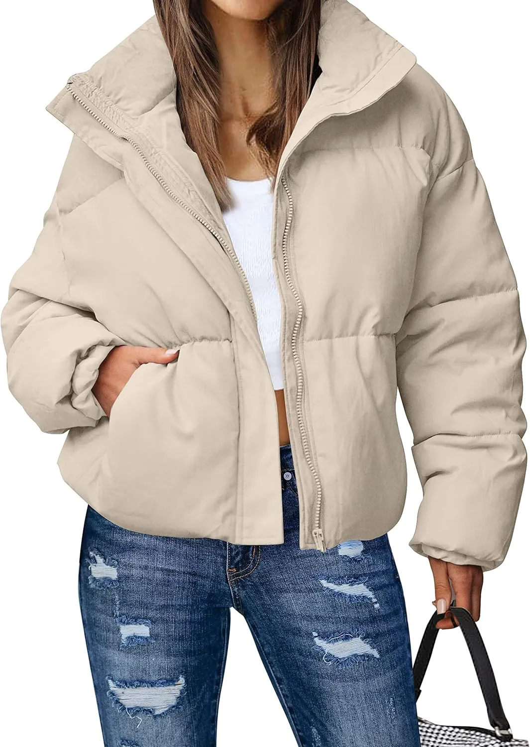 MEROKEETY Women's 2025 Winter Long Sleeve Zip Puffer Jacket Pockets Baggy Short Coats