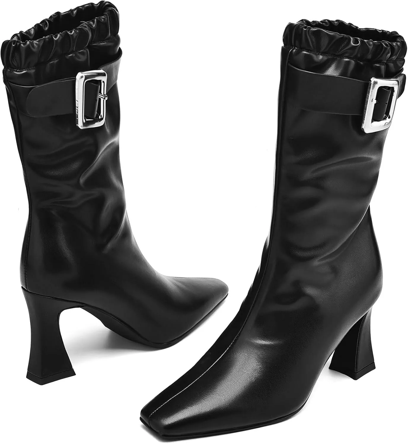 Mid Calf Boots for Women Chunky Block High Heels Ankle Boots Square Toe Booties with Buckles Fashion Boots