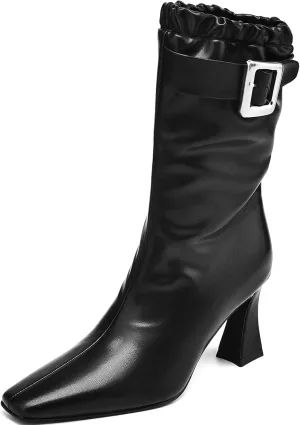 Mid Calf Boots for Women Chunky Block High Heels Ankle Boots Square Toe Booties with Buckles Fashion Boots