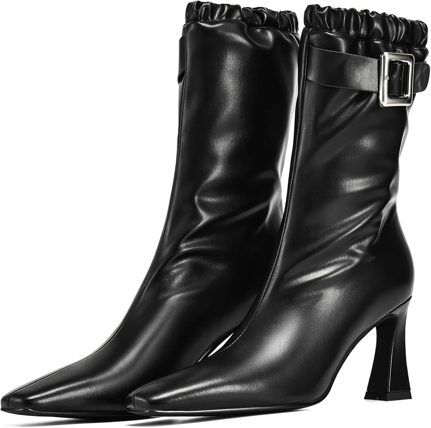 Mid Calf Boots for Women Chunky Block High Heels Ankle Boots Square Toe Booties with Buckles Fashion Boots