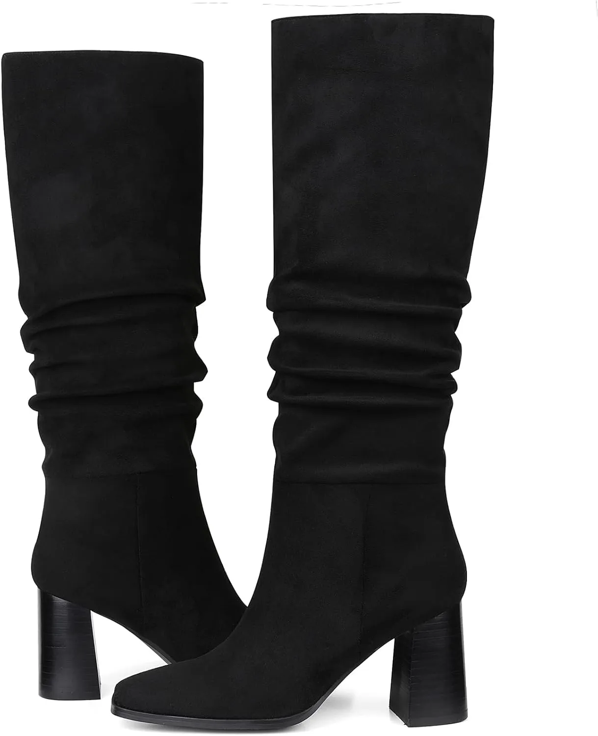 mikarka Suede Knee High Boots Women Slouchy Tall Boots for Women Square Toe Chunky Block High Heel 2024 Fall Boots Slip-On Long Boots
