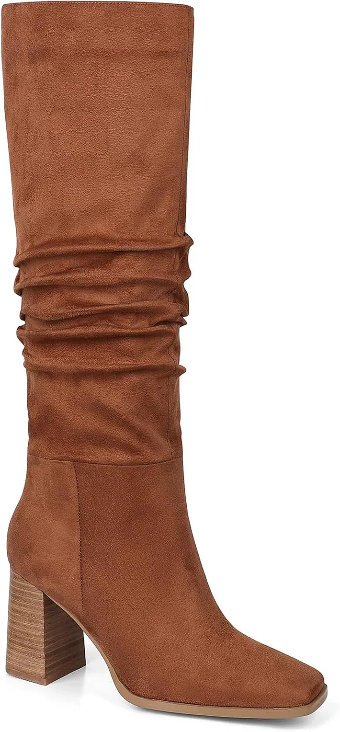 mikarka Suede Knee High Boots Women Slouchy Tall Boots for Women Square Toe Chunky Block High Heel 2024 Fall Boots Slip-On Long Boots