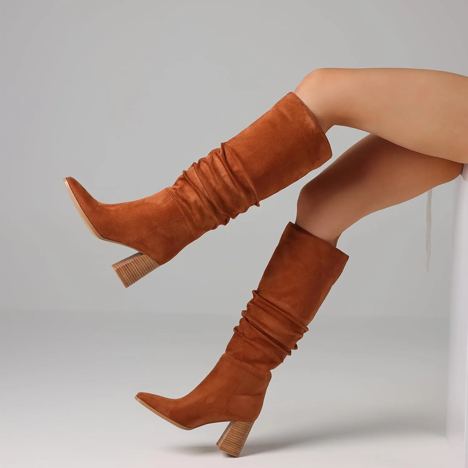 mikarka Suede Knee High Boots Women Slouchy Tall Boots for Women Square Toe Chunky Block High Heel 2024 Fall Boots Slip-On Long Boots