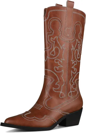 mikarka Women's Embroidered Two-Tone Cowboy Boots Western Cowgirl Boots Fashion Snip Toe Chunky Heel Pull On Circus Mid Calf Boots