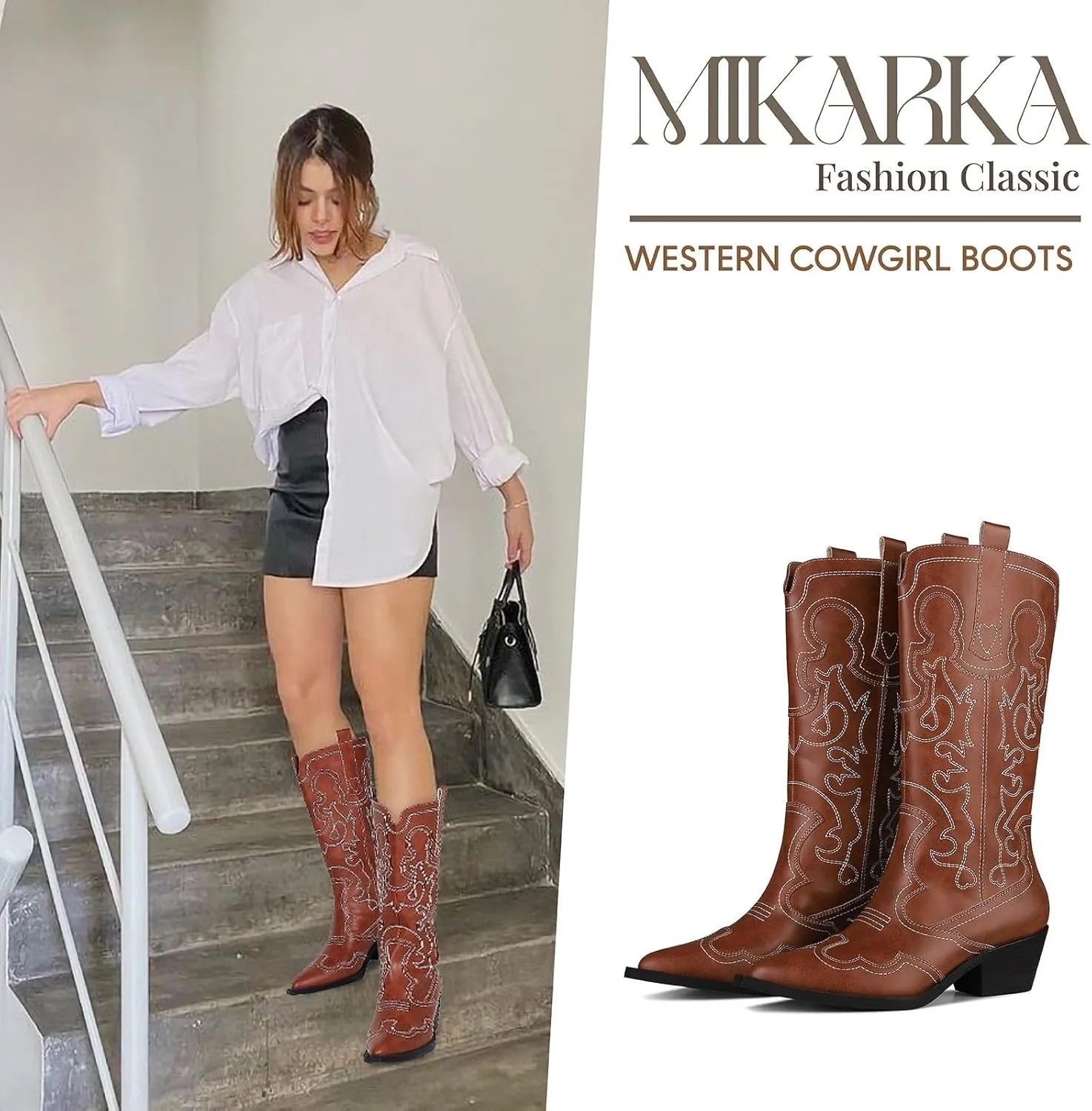 mikarka Women's Embroidered Two-Tone Cowboy Boots Western Cowgirl Boots Fashion Snip Toe Chunky Heel Pull On Circus Mid Calf Boots