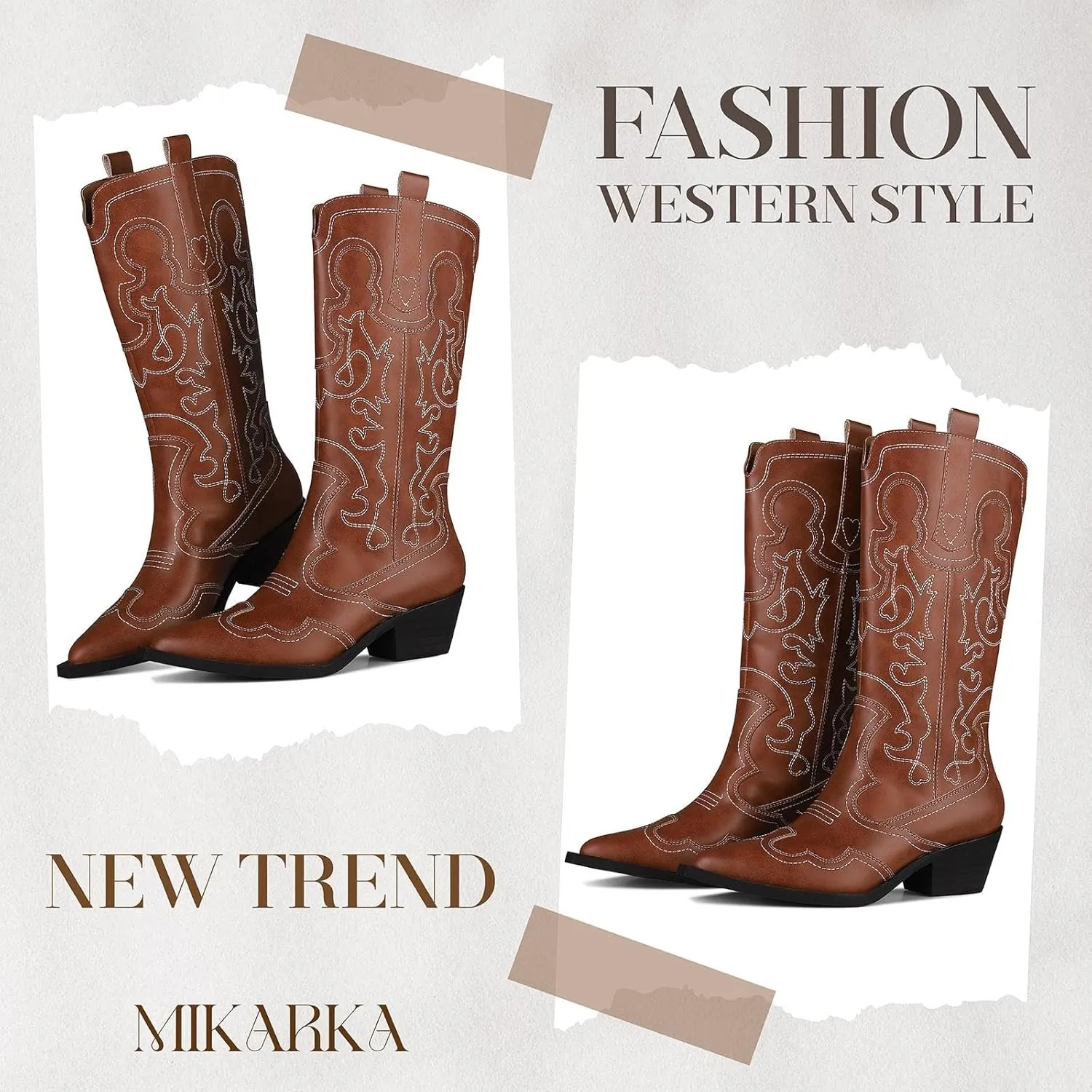 mikarka Women's Embroidered Two-Tone Cowboy Boots Western Cowgirl Boots Fashion Snip Toe Chunky Heel Pull On Circus Mid Calf Boots
