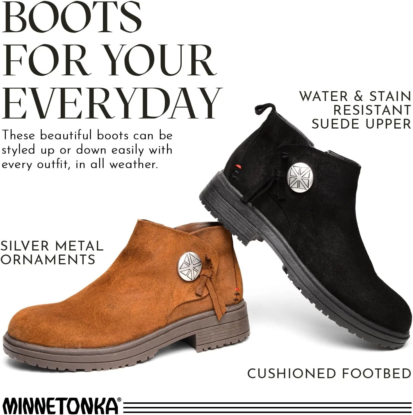 Minnetonka Joyelle – Ankle Booties for Women with Anishinaabe Designed Lug Sole and Cushioned Footbed