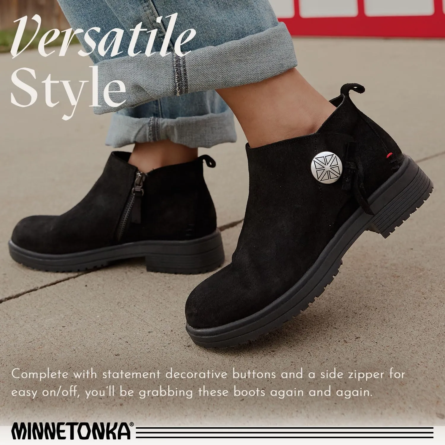Minnetonka Joyelle – Ankle Booties for Women with Anishinaabe Designed Lug Sole and Cushioned Footbed