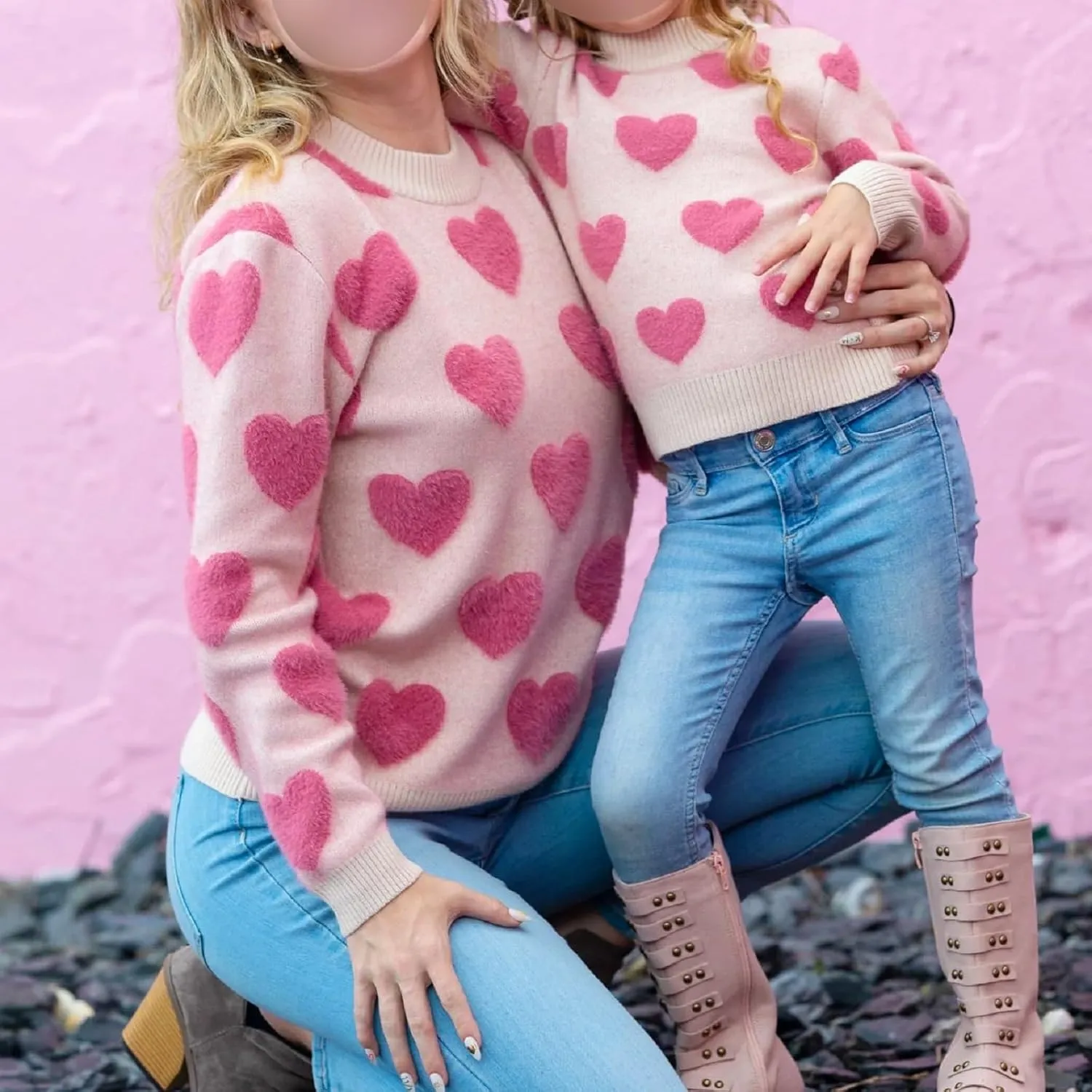 Mommy and Me Valentine's Day Sweaters Cute Heart Knit Sweatshirt Pullover Tops Crewneck Family Matching Outfits
