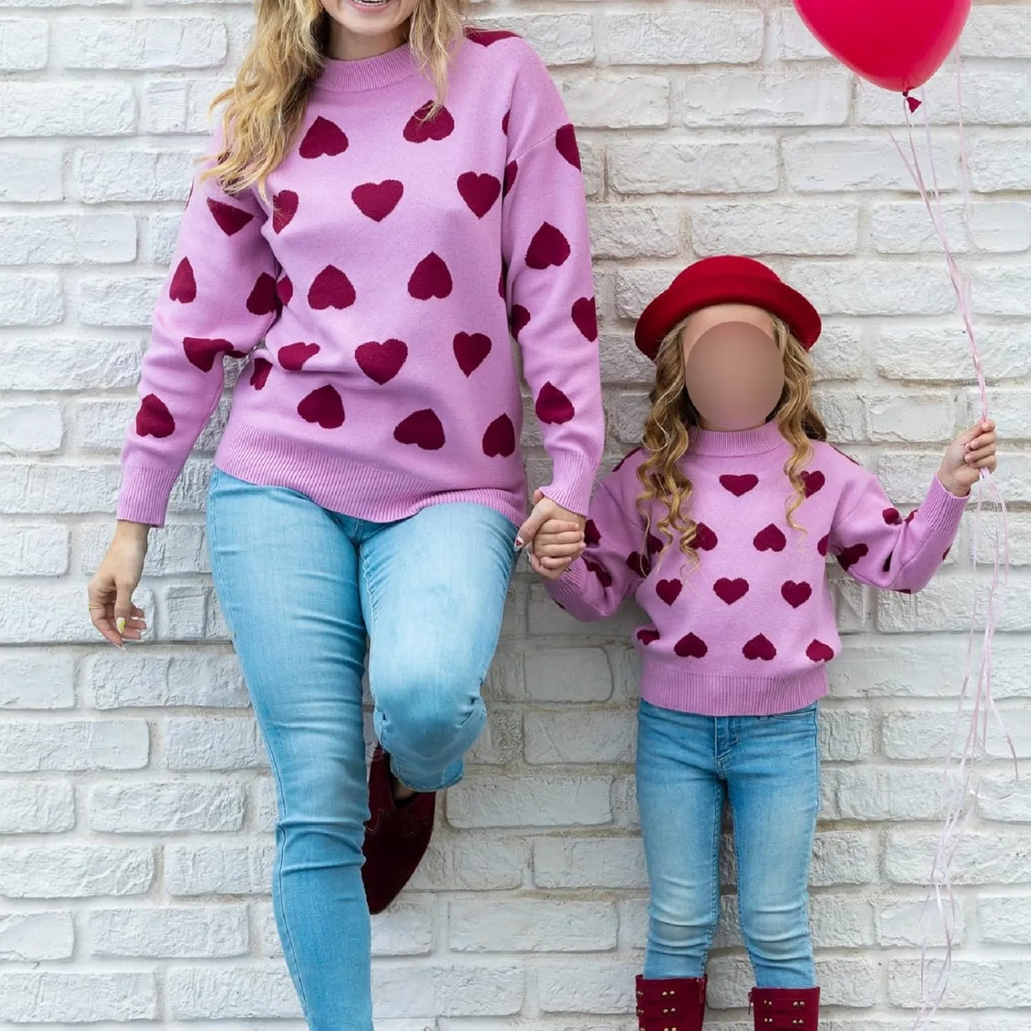 Mommy and Me Valentine's Day Sweaters Cute Heart Knit Sweatshirt Pullover Tops Crewneck Family Matching Outfits