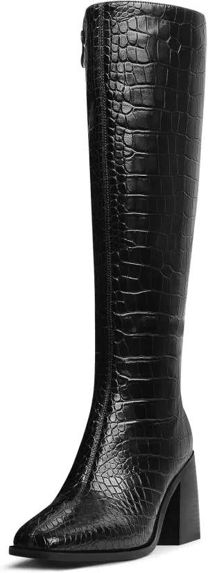 MUCCCUTE Black Knee High Boots for Women - Faux Crocodile Boots Chunky Heel Square Toe Tall Boots Side Zipper GoGo Long Boot Pull On US Size 11