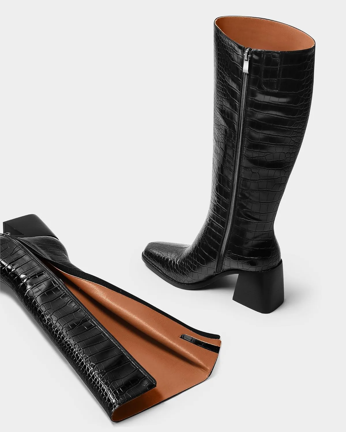 MUCCCUTE Knee High Boots for Women - Chunky Heel Square Toe Boots Side Zipper PU with Crocodile Pattern Tall Boots Pull On