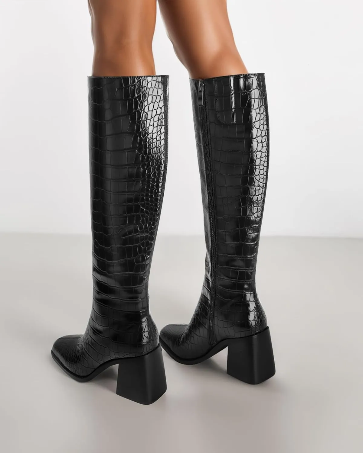 MUCCCUTE Knee High Boots for Women - Chunky Heel Square Toe Boots Side Zipper PU with Crocodile Pattern Tall Boots Pull On