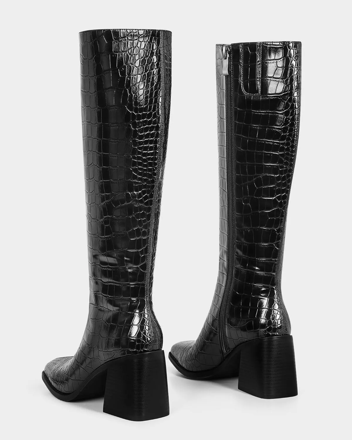 MUCCCUTE Knee High Boots for Women - Chunky Heel Square Toe Boots Side Zipper PU with Crocodile Pattern Tall Boots Pull On
