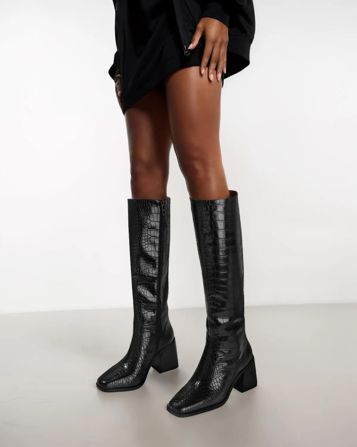 MUCCCUTE Knee High Boots for Women - Chunky Heel Square Toe Boots Side Zipper PU with Crocodile Pattern Tall Boots Pull On