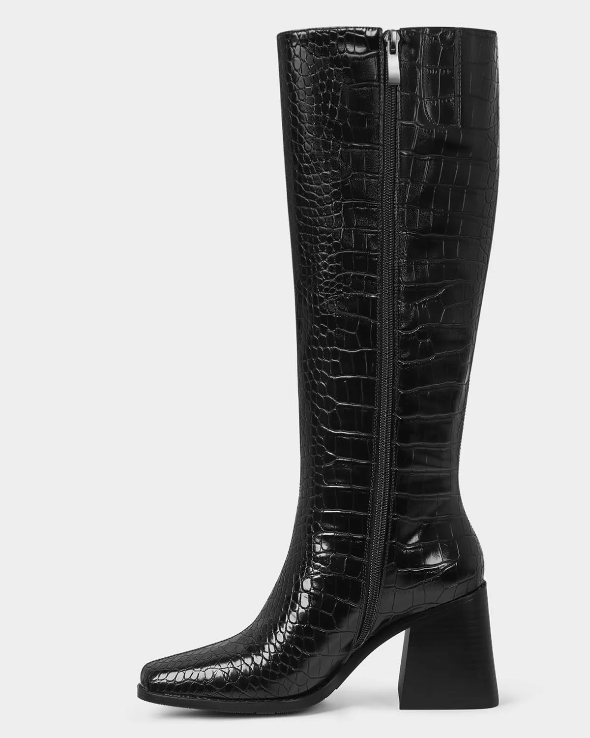 MUCCCUTE Knee High Boots for Women - Chunky Heel Square Toe Boots Side Zipper PU with Crocodile Pattern Tall Boots Pull On