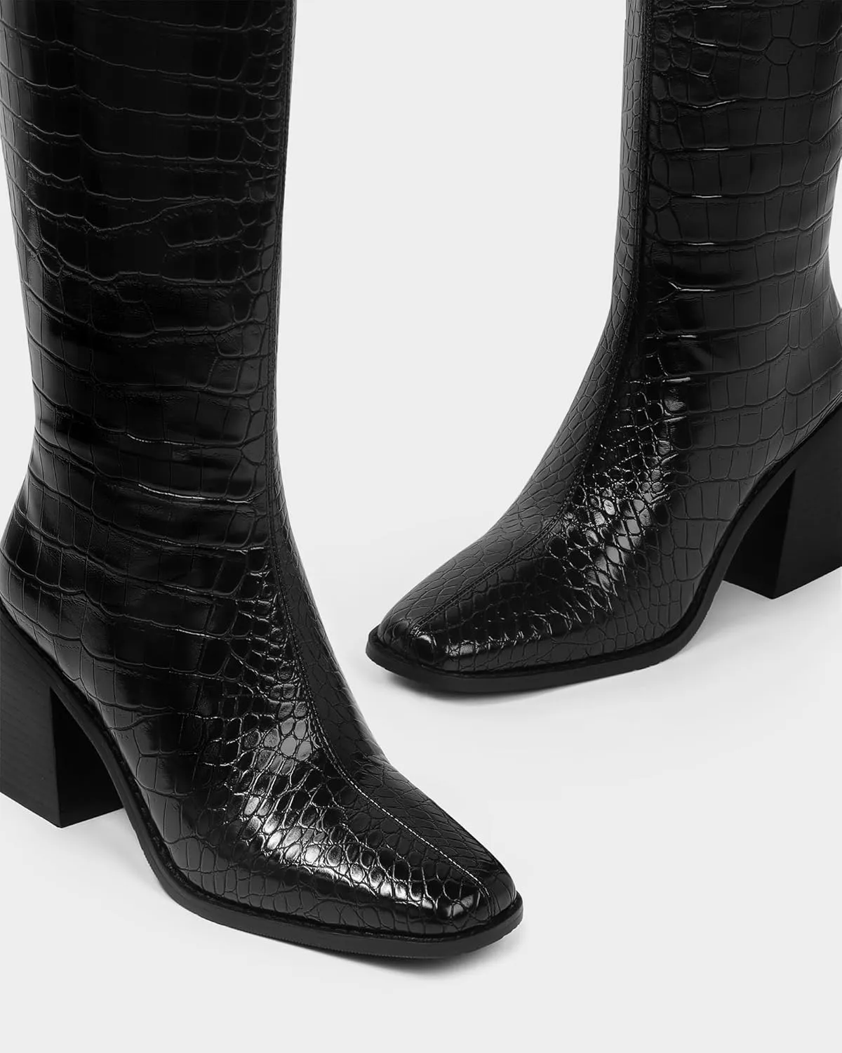 MUCCCUTE Knee High Boots for Women - Chunky Heel Square Toe Boots Side Zipper PU with Crocodile Pattern Tall Boots Pull On