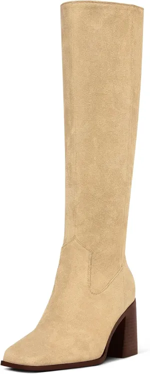 MUCCCUTE Knee High Boots for Women - Square Toe Chunky Block Heel Boots with Side Zipper Pull On Tall Boot
