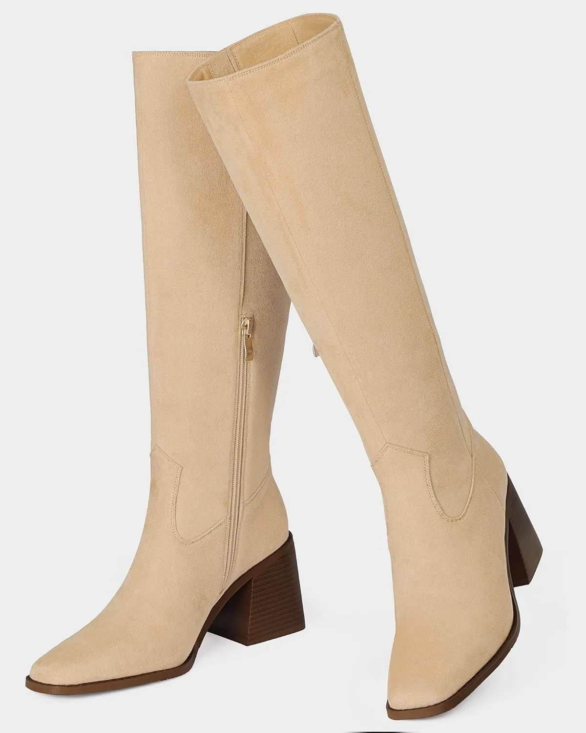 MUCCCUTE Knee High Boots for Women - Square Toe Chunky Block Heel Boots with Side Zipper Pull On Tall Boot