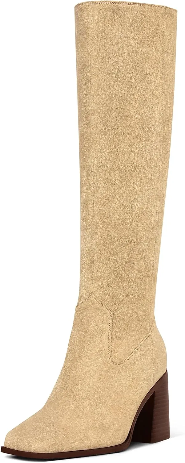 MUCCCUTE Knee High Boots for Women - Square Toe Chunky Block Heel Boots with Side Zipper Pull On Tall Boot