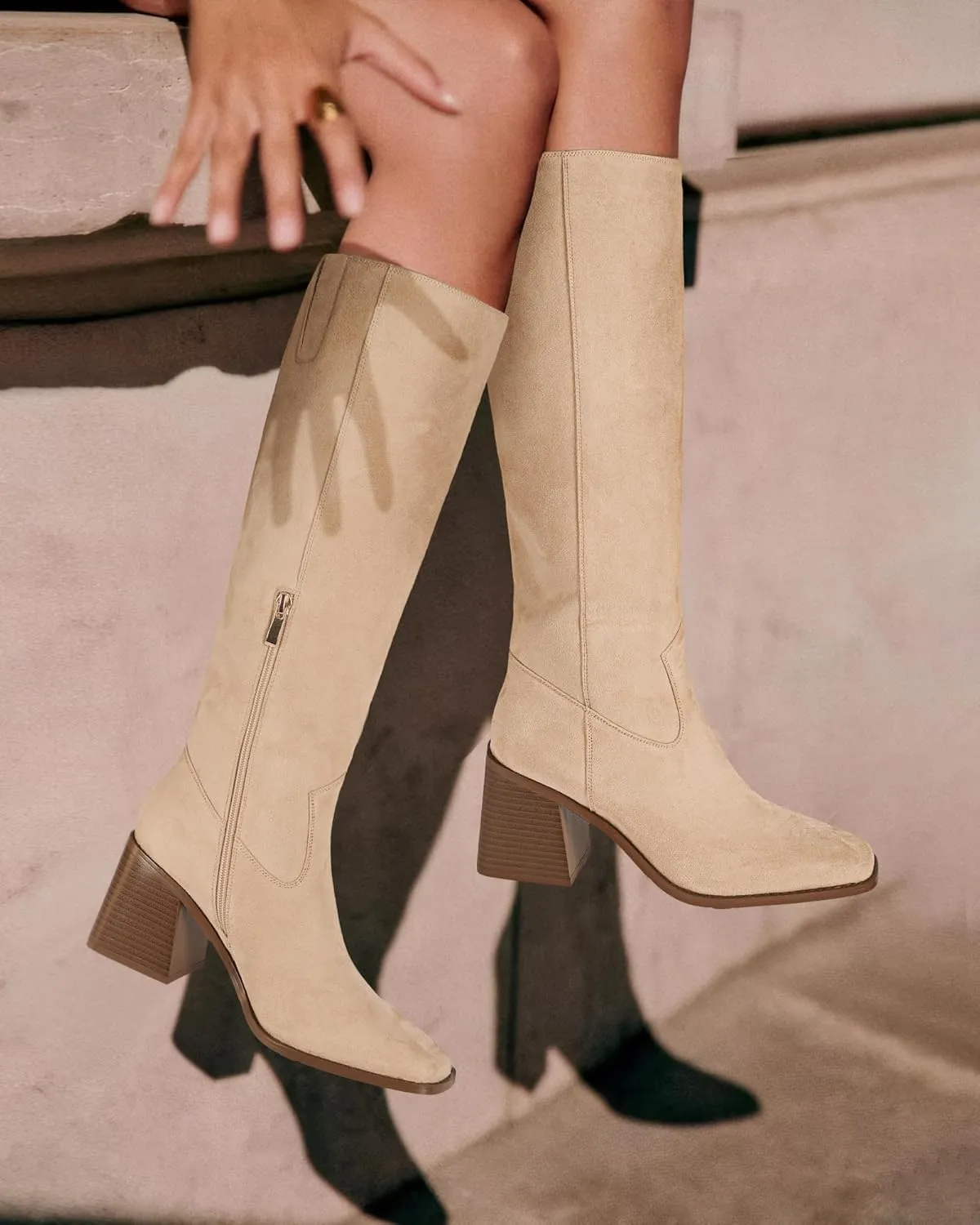 MUCCCUTE Knee High Boots for Women - Square Toe Chunky Block Heel Boots with Side Zipper Pull On Tall Boot