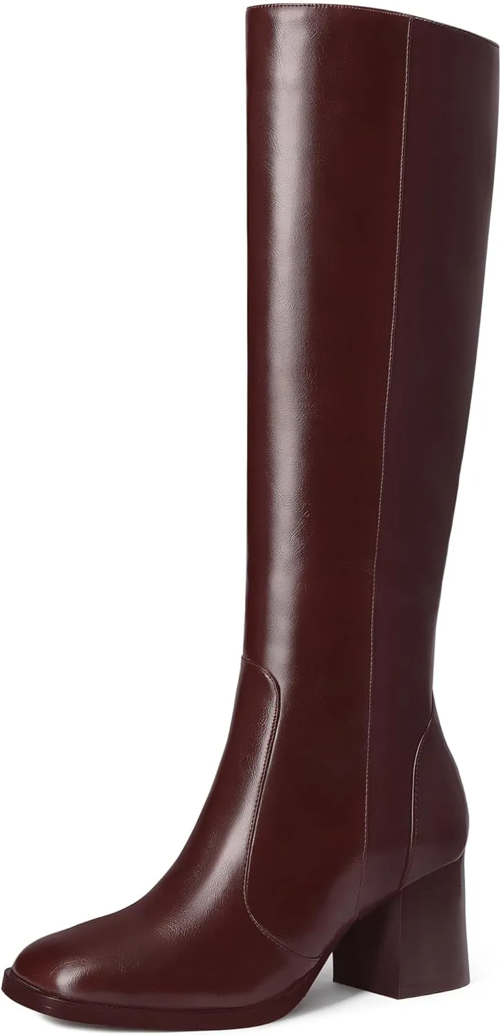 MUCCCUTE Knee High Boots for Women Square Toe Chunky Heel Side Zipper Rhinestone Sparkly Fashion Tall Long Boots for Ladies