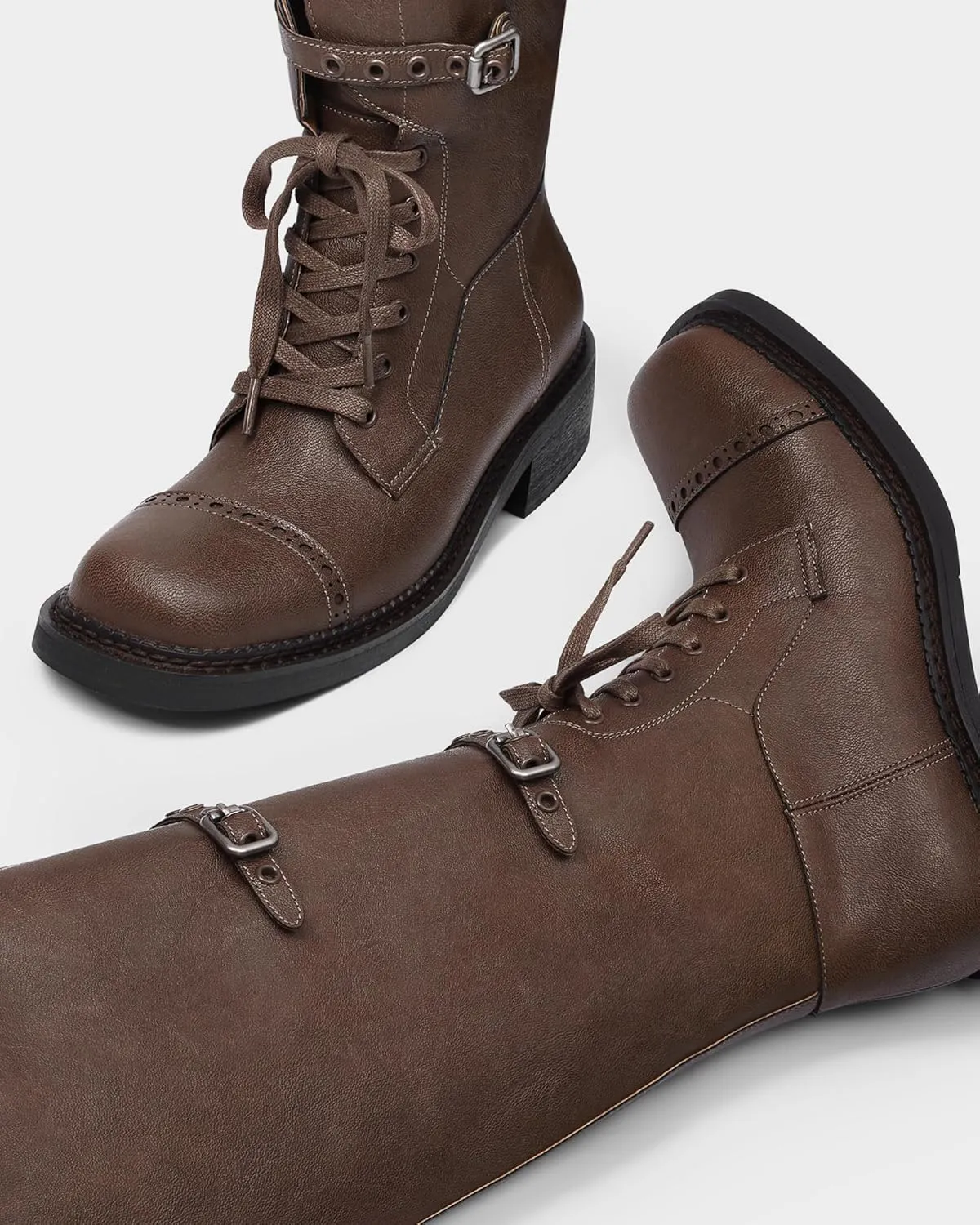 MUCCCUTE Knee High Boots Women Square Toe Low Chunky Heel Boots Riding Boots Motorcycle Buckle Boots
