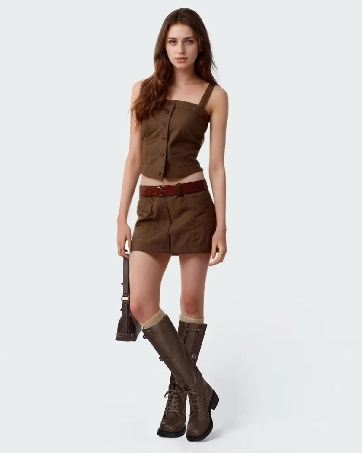 MUCCCUTE Knee High Boots Women Square Toe Low Chunky Heel Boots Riding Boots Motorcycle Buckle Boots