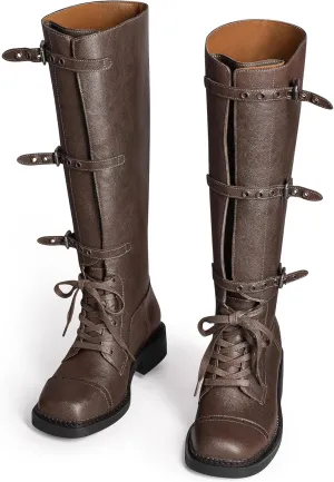 MUCCCUTE Knee High Boots Women Square Toe Low Chunky Heel Boots Riding Boots Motorcycle Buckle Boots