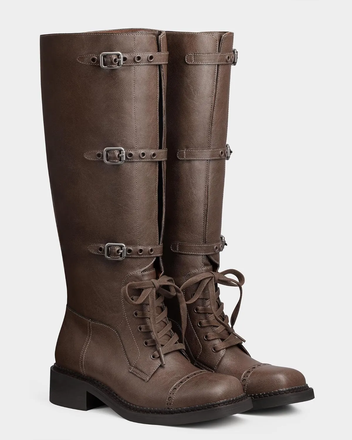 MUCCCUTE Knee High Boots Women Square Toe Low Chunky Heel Boots Riding Boots Motorcycle Buckle Boots