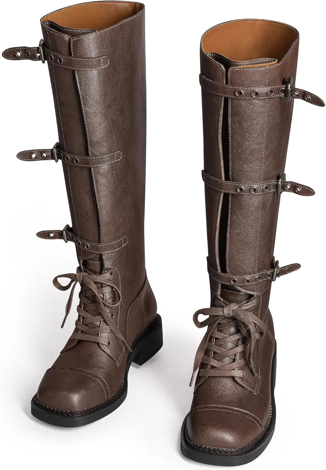 MUCCCUTE Knee High Boots Women Square Toe Low Chunky Heel Boots Riding Boots Motorcycle Buckle Boots