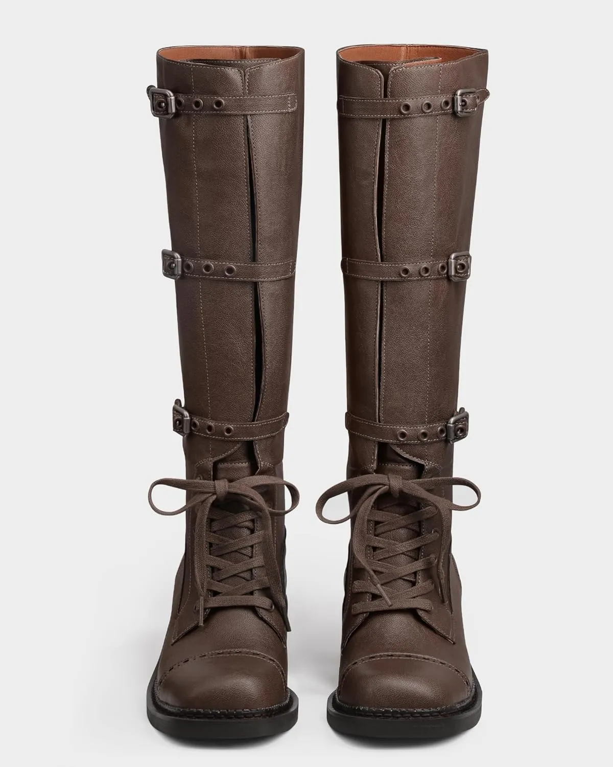 MUCCCUTE Knee High Boots Women Square Toe Low Chunky Heel Boots Riding Boots Motorcycle Buckle Boots