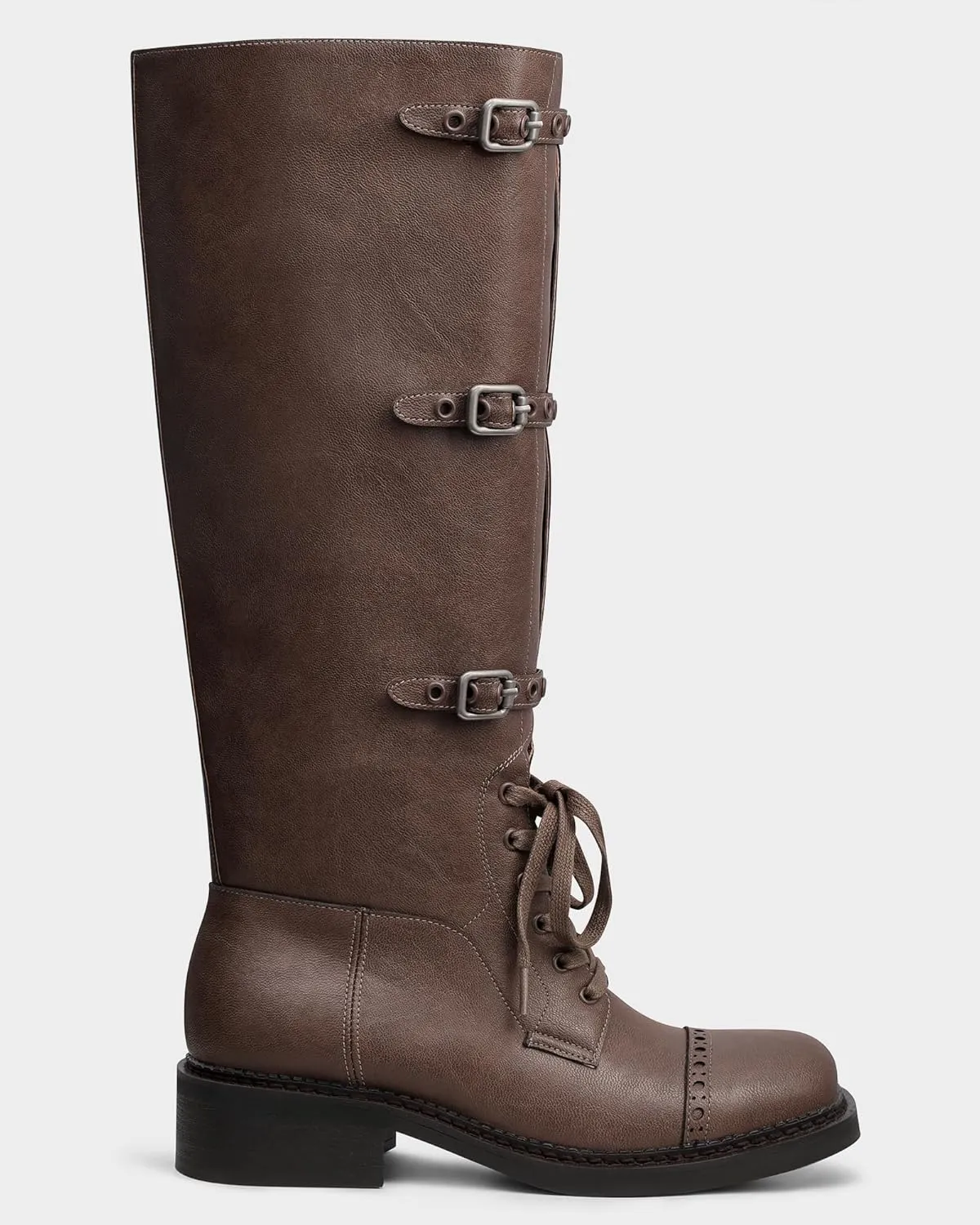 MUCCCUTE Knee High Boots Women Square Toe Low Chunky Heel Boots Riding Boots Motorcycle Buckle Boots
