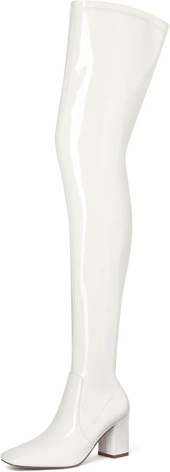 MUCCCUTE Thigh High Boots for Women Over the Knee Boots Gogo Boots Square Toe Chunky Heel Patent Leather Sexy Long Boots with Side Zipper