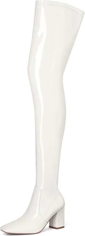 MUCCCUTE Thigh High Boots for Women Over the Knee Boots Gogo Boots Square Toe Chunky Heel Patent Leather Sexy Long Boots with Side Zipper