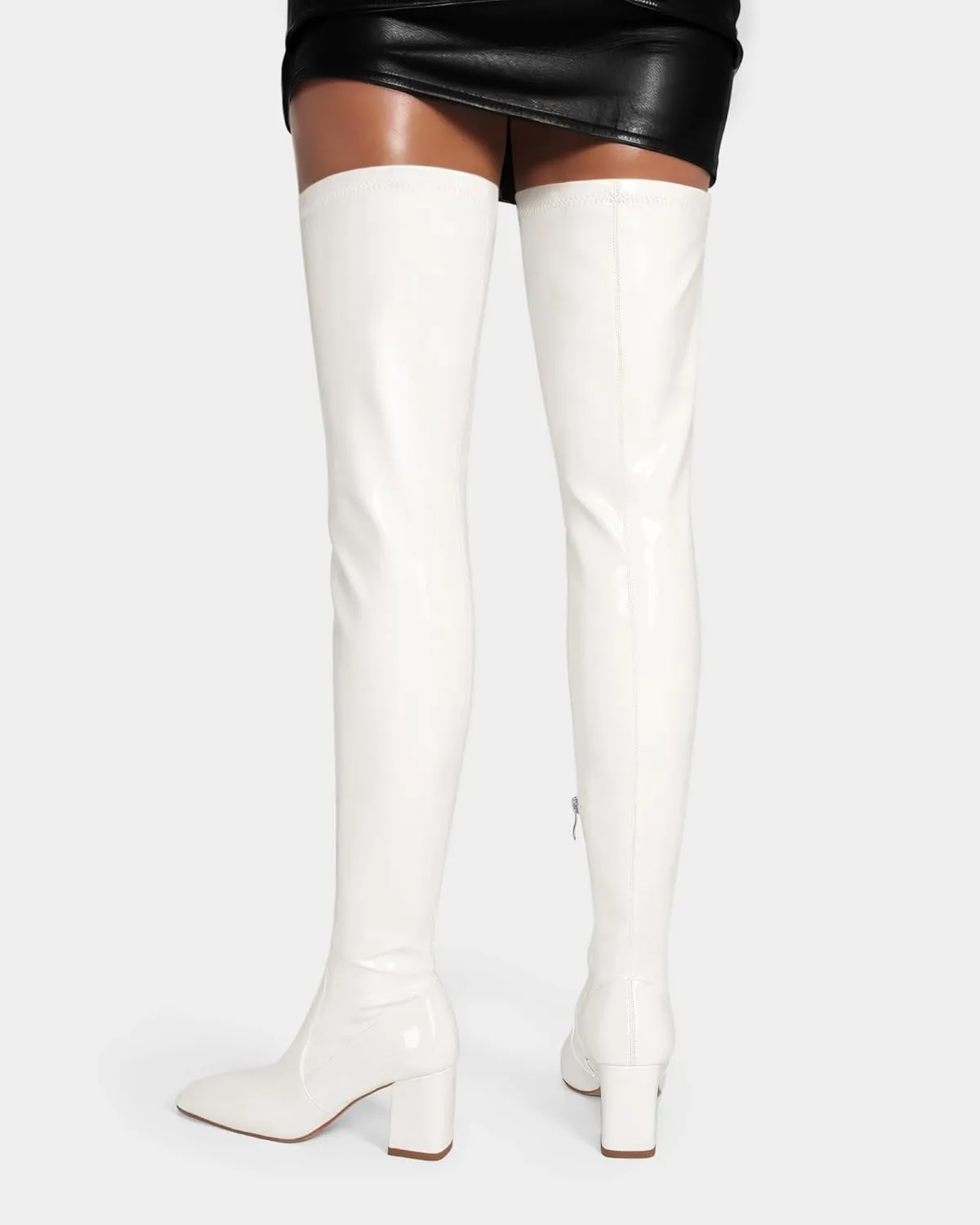 MUCCCUTE Thigh High Boots for Women Over the Knee Boots Gogo Boots Square Toe Chunky Heel Patent Leather Sexy Long Boots with Side Zipper