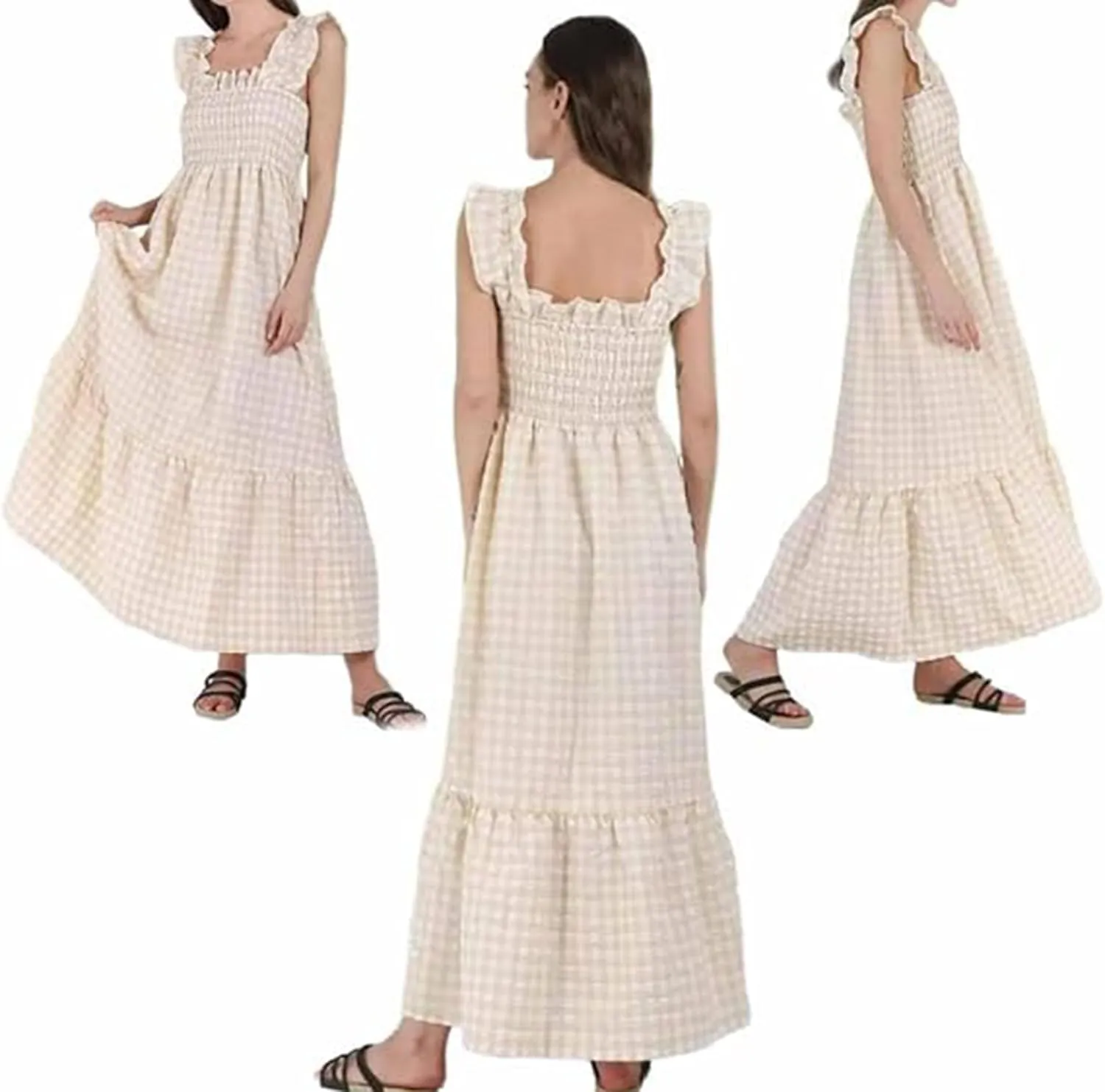 Multi Plaid Smocked Bust Maxi Dress,Women's Retro Plaid Summer Maxi Dress for Casual Outings,Boho Party,Date Night
