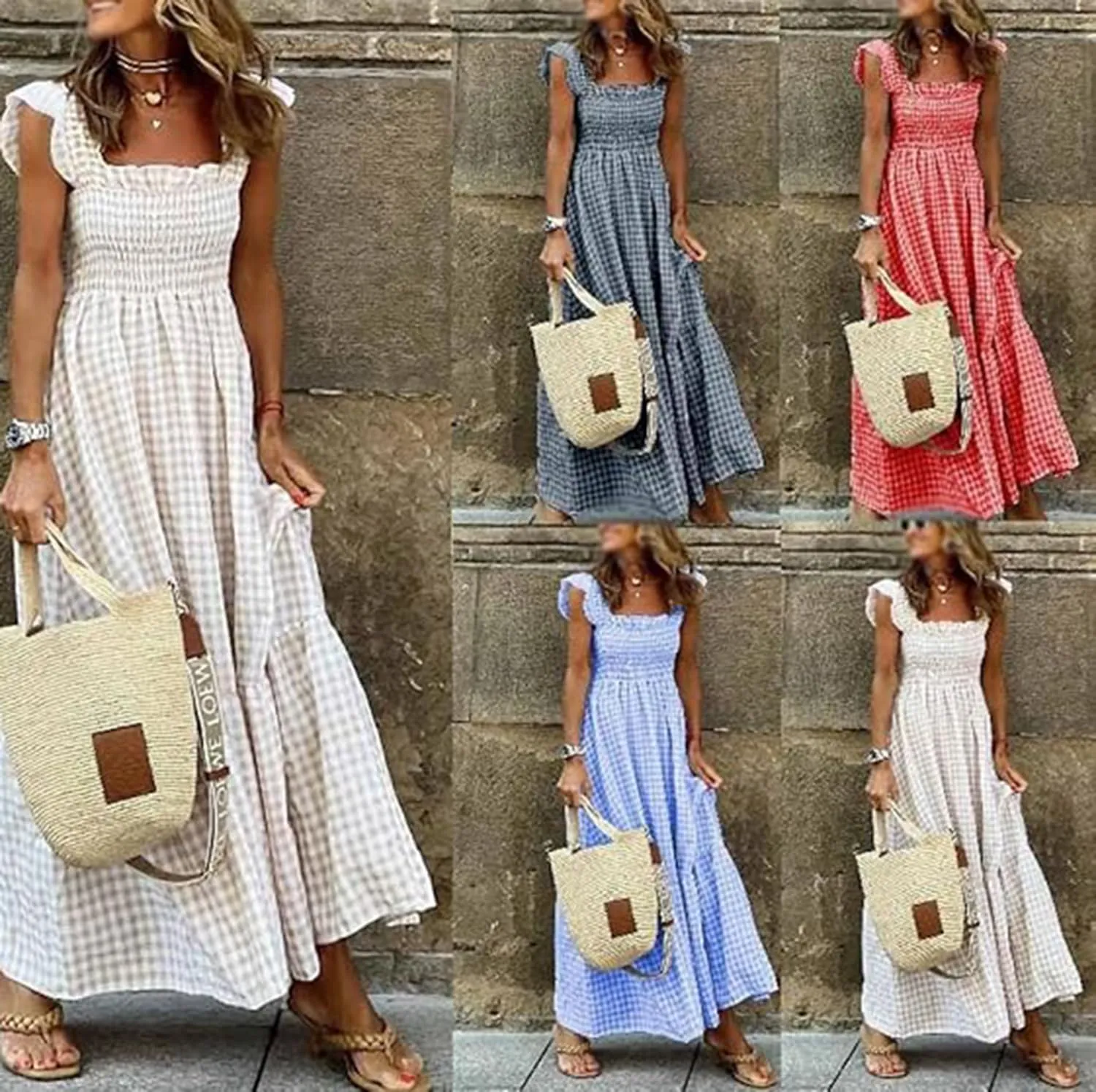Multi Plaid Smocked Bust Maxi Dress,Women's Retro Plaid Summer Maxi Dress for Casual Outings,Boho Party,Date Night