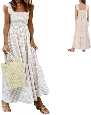 Multi Plaid Smocked Bust Maxi Dress,Women's Retro Plaid Summer Maxi Dress for Casual Outings,Boho Party,Date Night
